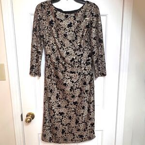 Jessica Howard Black Gold Dress, Sz 6, Sequin, Lined, Midi Cocktail Lace Sheath